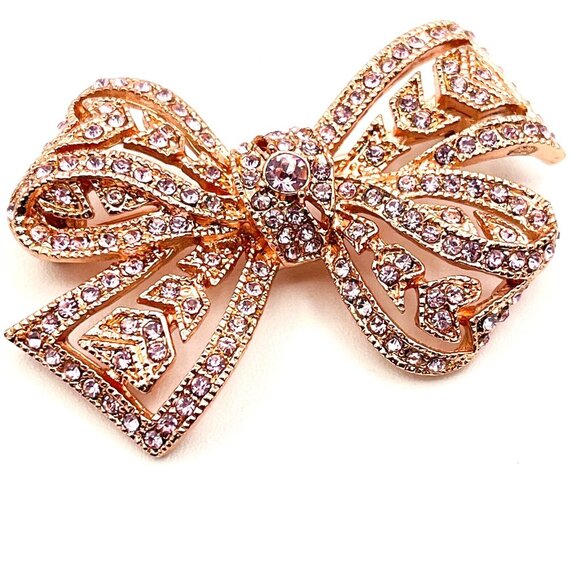 Kenneth Jay Lane KJL Rose Gold Tone Pink Pave Rhinestone Bow Brooch 2" - Picture 9 of 9